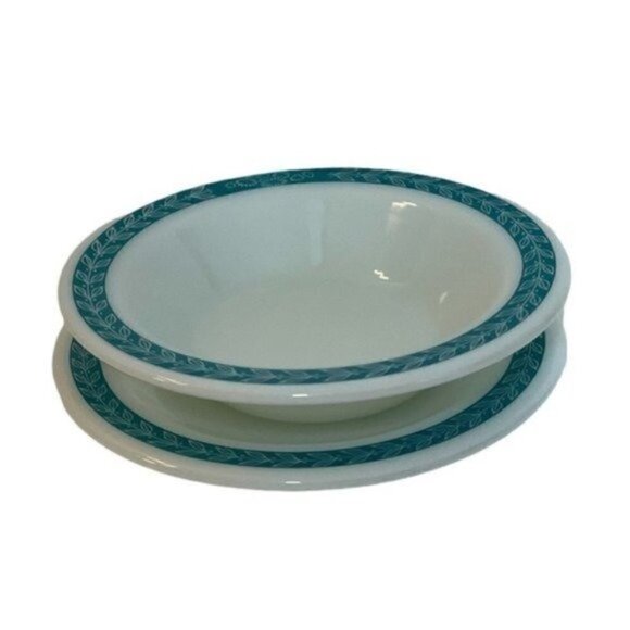 PYREX brand Tableware by Corning turquoise Laurel Leaf & flowers Bowl & Plate - Picture 1 of 11
